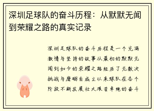 深圳足球队的奋斗历程：从默默无闻到荣耀之路的真实记录