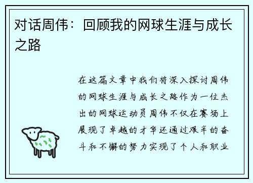 对话周伟：回顾我的网球生涯与成长之路