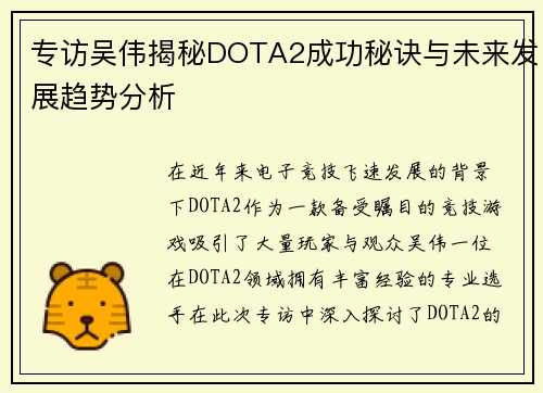 专访吴伟揭秘DOTA2成功秘诀与未来发展趋势分析