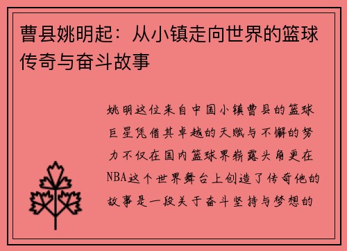 曹县姚明起：从小镇走向世界的篮球传奇与奋斗故事