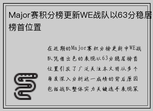 Major赛积分榜更新WE战队以63分稳居榜首位置