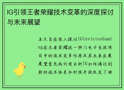 IG引领王者荣耀技术变革的深度探讨与未来展望