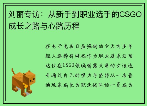 刘丽专访：从新手到职业选手的CSGO成长之路与心路历程