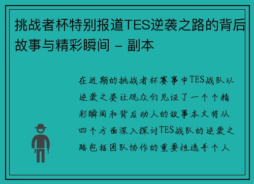 挑战者杯特别报道TES逆袭之路的背后故事与精彩瞬间 - 副本